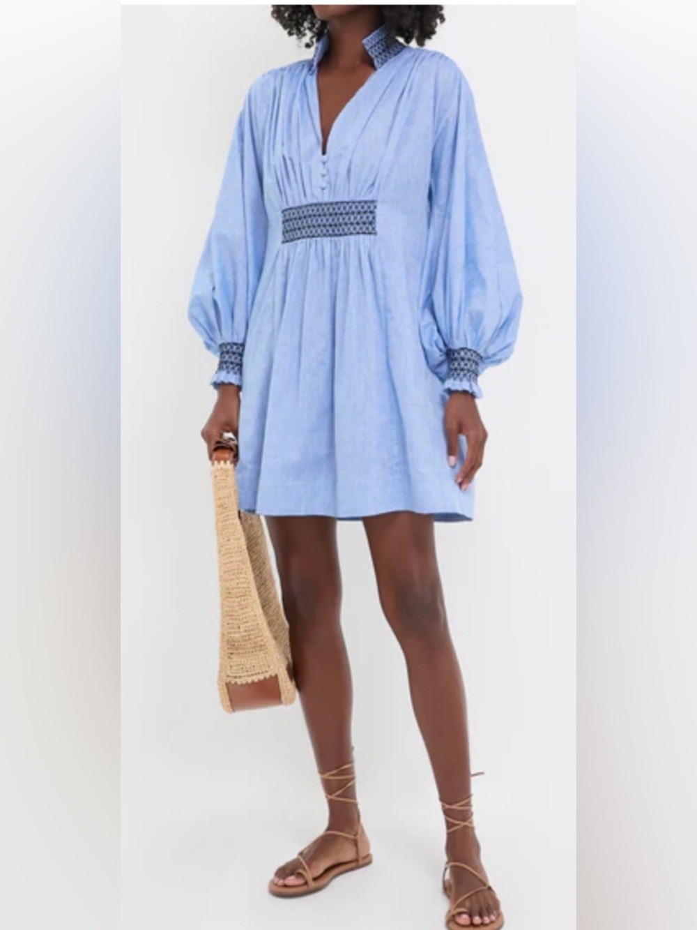 Tuckernuck 100% Cotton Light Blue Smocked Waist Balloon Sleeve Dress S XXS C-23